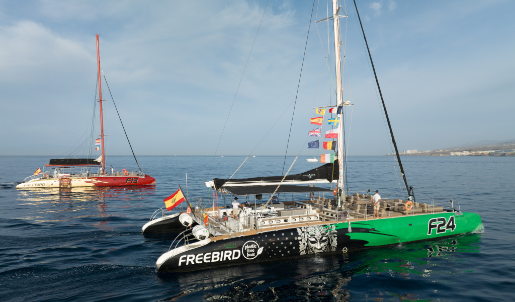Catamaranes Freebird en el mar cerca de la costa de Tenerife con banderas izadas.