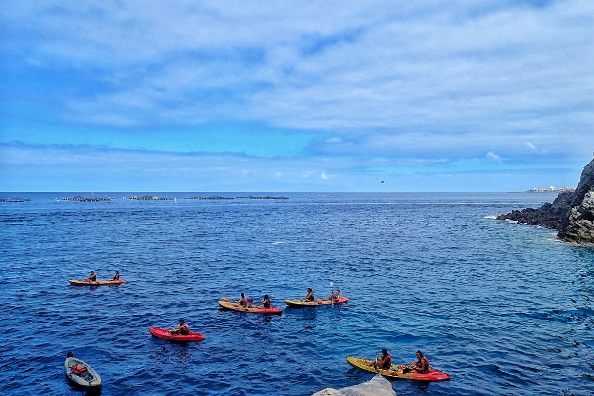 Varias personas practicando kayak en la costa de Tenerife bajo un cielo parcialmente nublado.