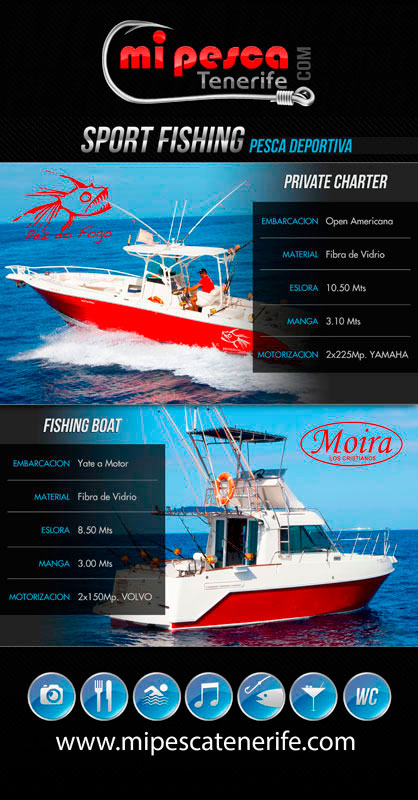 Barco de pesca deportiva en Tenerife con detalles de especificaciones técnicas.
