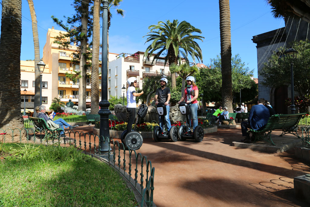 Personas en segways pasean por un parque con palmeras en La Laguna, Tenerife.