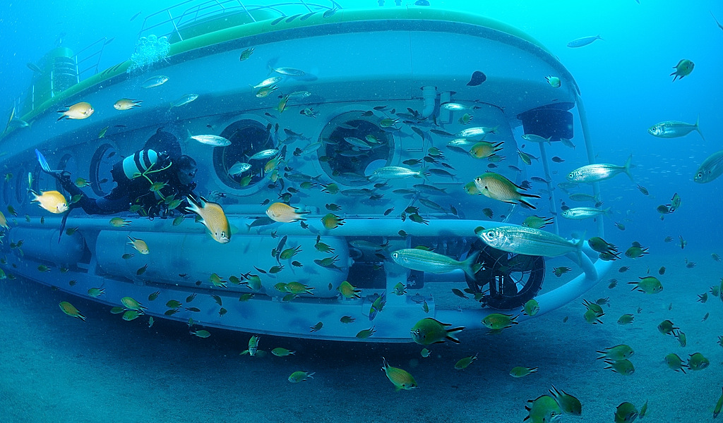 Submarino rodeado de peces y buzo en el fondo marino de Tenerife.