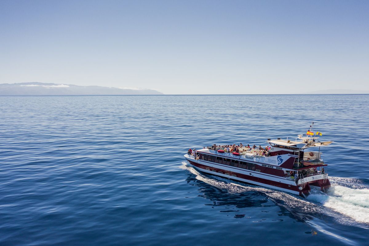Barco turístico navegando cerca de Tenerife en un día despejado.