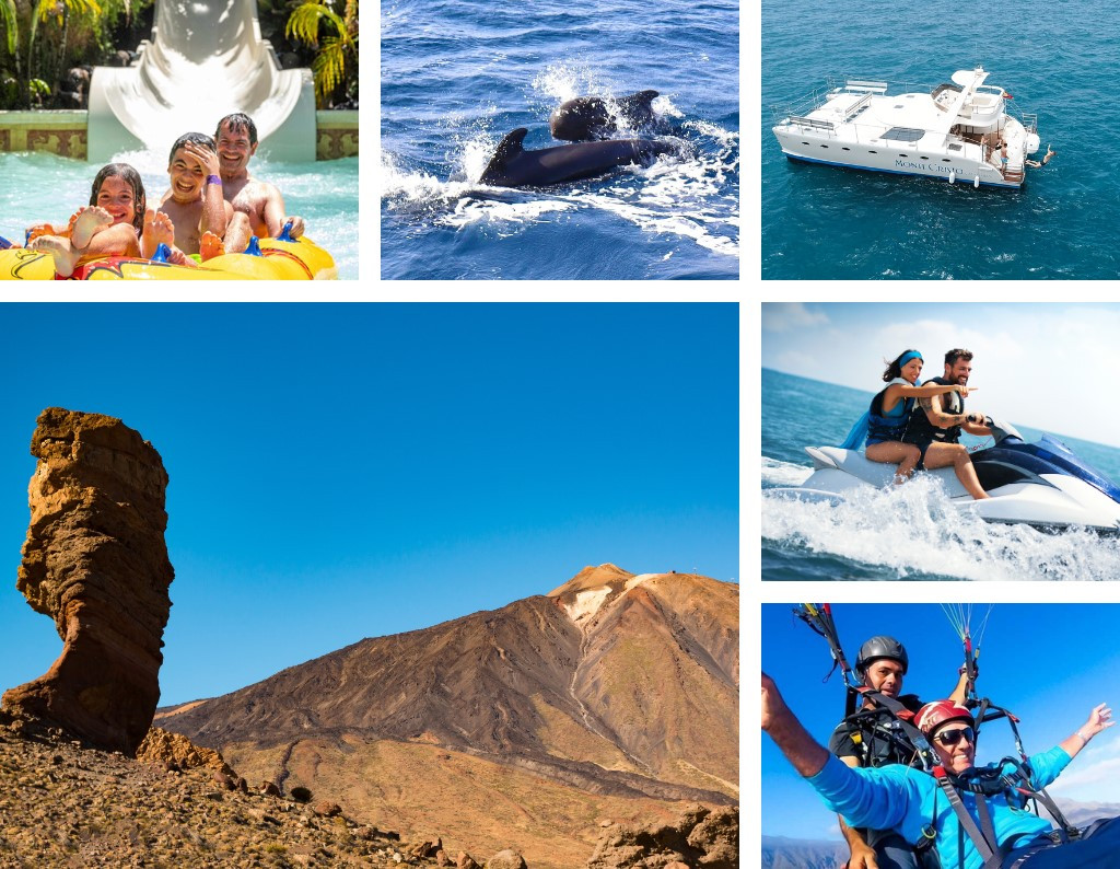 Imagen divida en 6 fotos con personas descendiendo en un tobogán acuático, parque acuático en Tenerife, delfines nadando en el océano, Roque Cinchado en el Parque Nacional del Teide, una pareja en moto acuática disfrutando en el mar, dos personas en parapente.