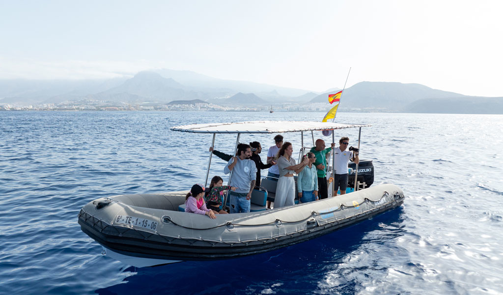 Personas en una lancha en el mar cerca de Tenerife con montañas al fondo.