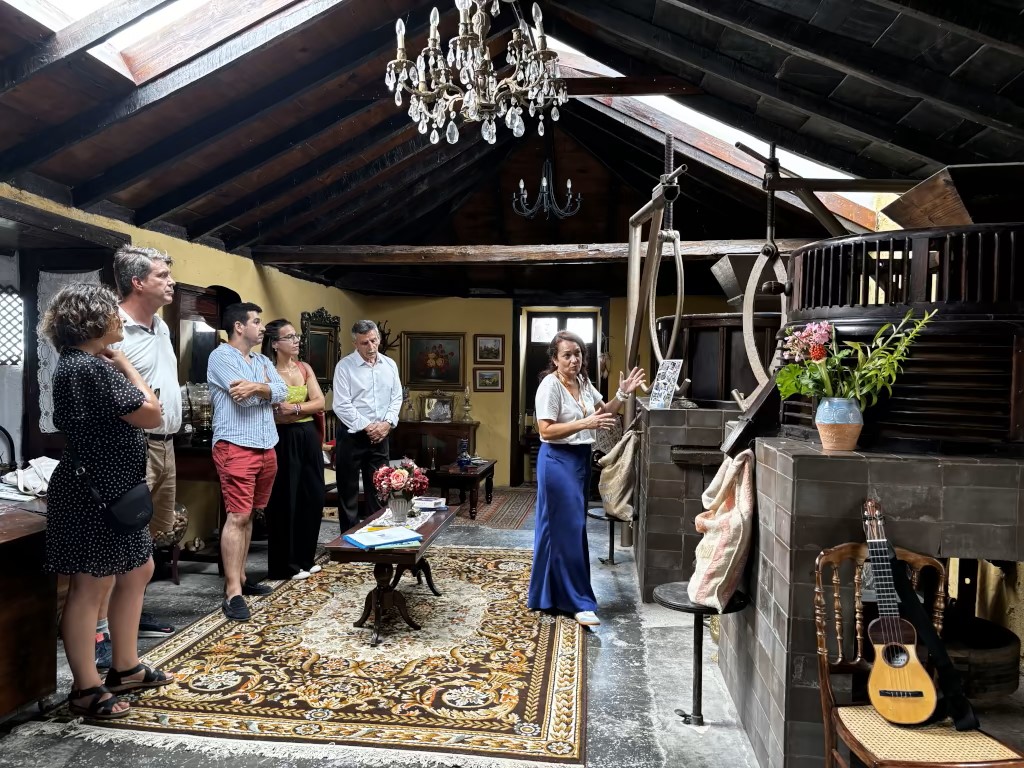 Grupo de personas en sala tradicional canaria en Tenerife, escuchando una explicación.