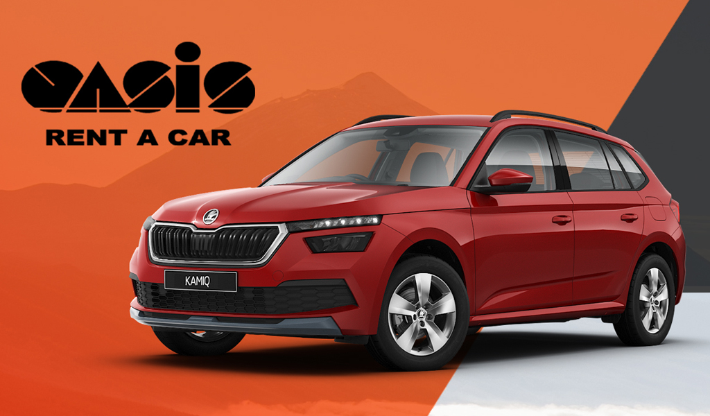 Coche rojo Skoda Kamiq con logo de Oasis Rent a Car, Tenerife.