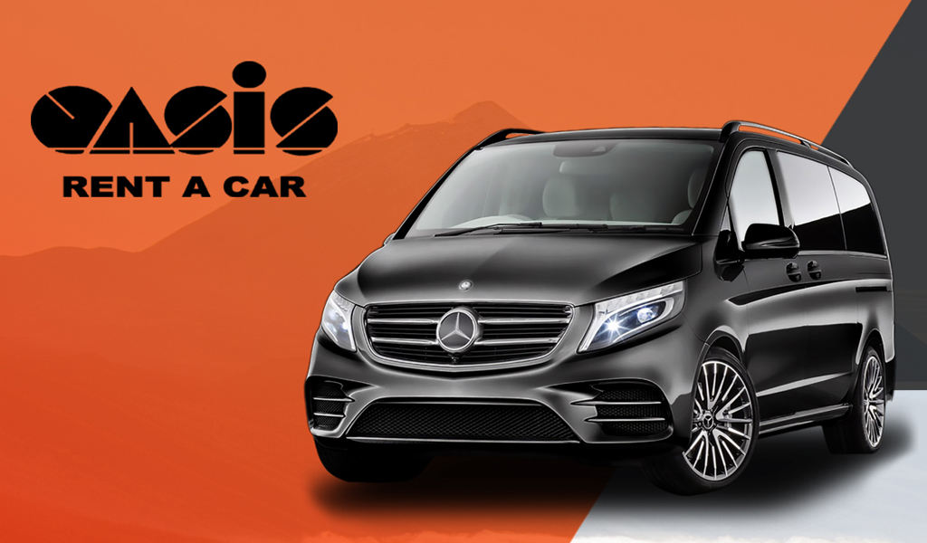Furgoneta Mercedes negra de Oasis Rent a Car frente al Teide en Tenerife.