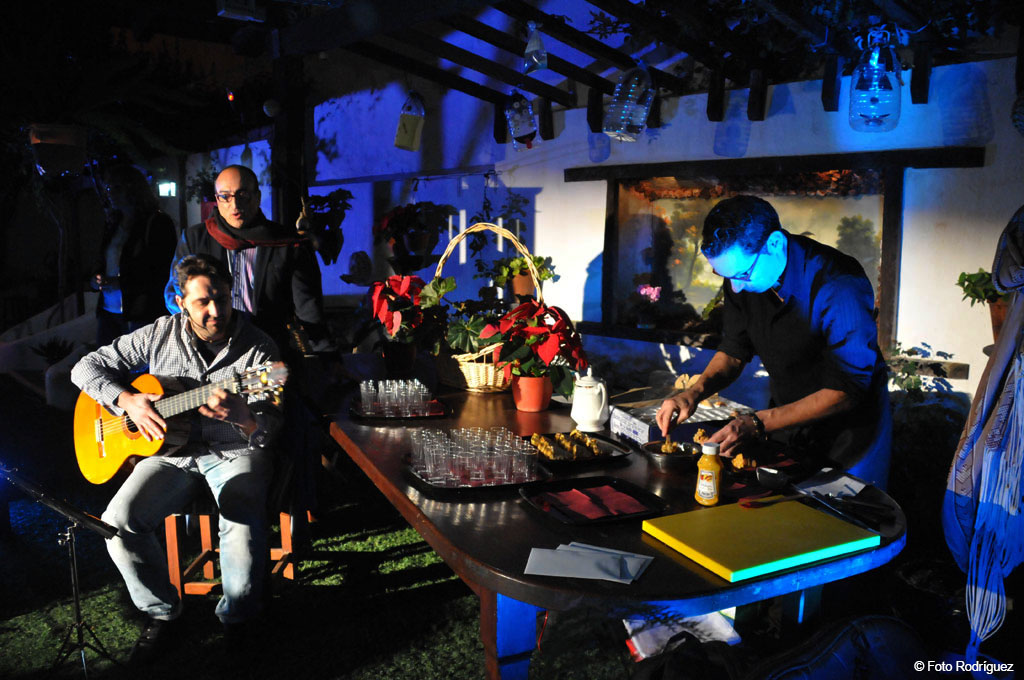 Guitarrista y cocinero en un evento nocturno en Tenerife.