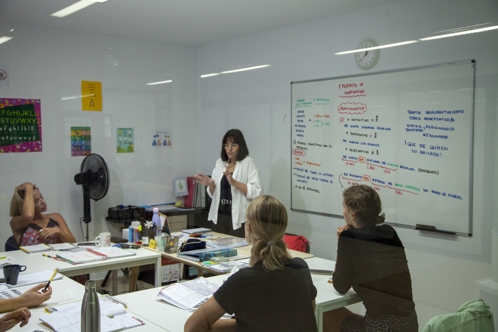 Clase de español en Tenerife, profesora explica conjugaciones en pizarra blanca.