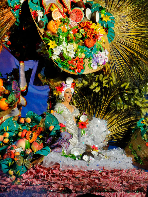 Persona sonriente en traje de frutas y flores coloridas, participando en el Carnaval de Tenerife.