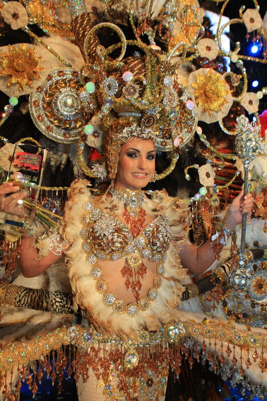 Persona en traje de carnaval detallado en Tenerife, rodeada de adornos brillantes.