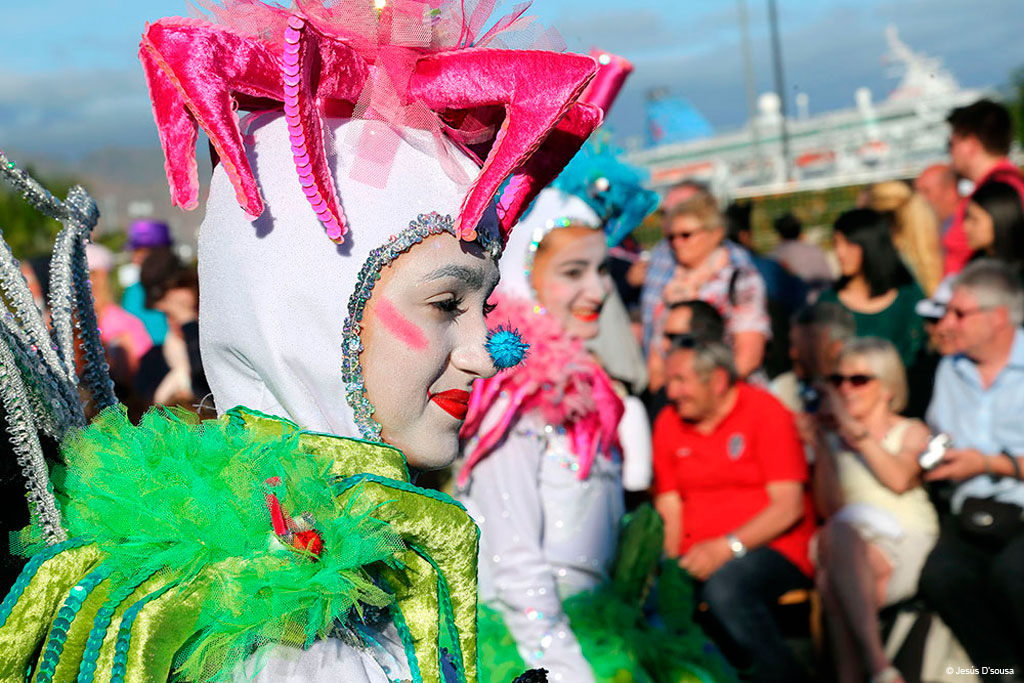 Personas con coloridos disfraces de carnaval en un evento en Tenerife.