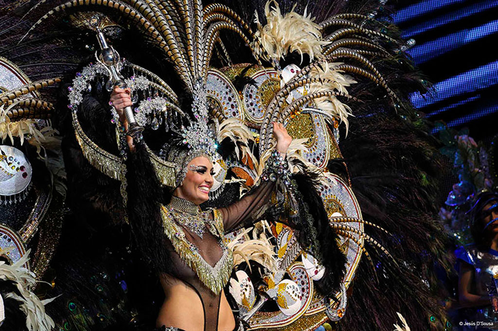 Persona con traje de carnaval y tocado de plumas en Santa Cruz de Tenerife.