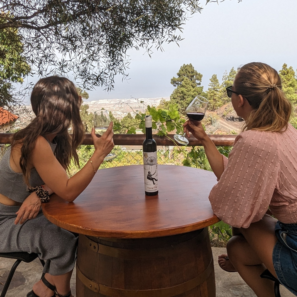 Personas disfrutando vino con vista a La Laguna, Tenerife. Botella sobre mesa.