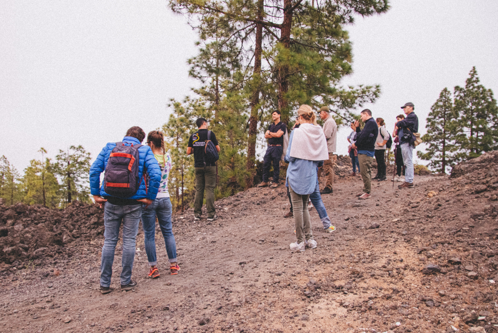 Grupo de personas caminando por sendero volcánico en Tenerife.