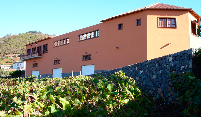 Edificio de color terracota y viñedos en San Juan de la Rambla, Tenerife.