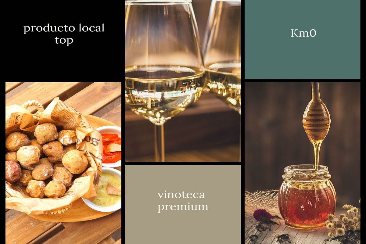 Producto local Km0 en Tenerife: papas arrugadas, copas de vino y tarro de miel.