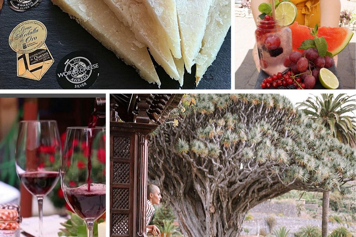 Queso premiado, bebida con frutas, copas de vino y drago en Icod de los Vinos, Tenerife.