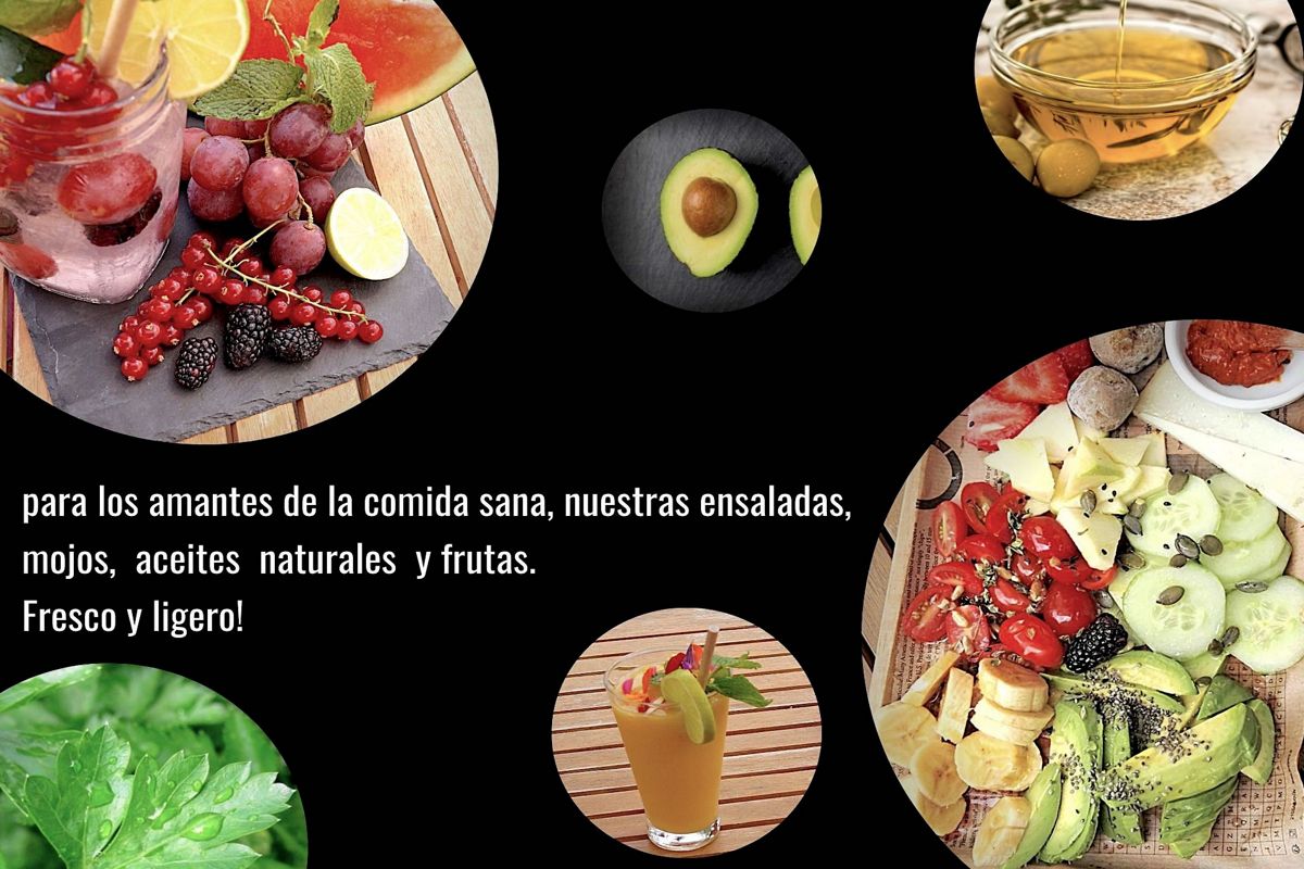 Bebida con frutas y texto: para los amantes de la comida sana, nuestras ensaladas, mojos, aceites naturales y frutas. Fresco y ligero!.