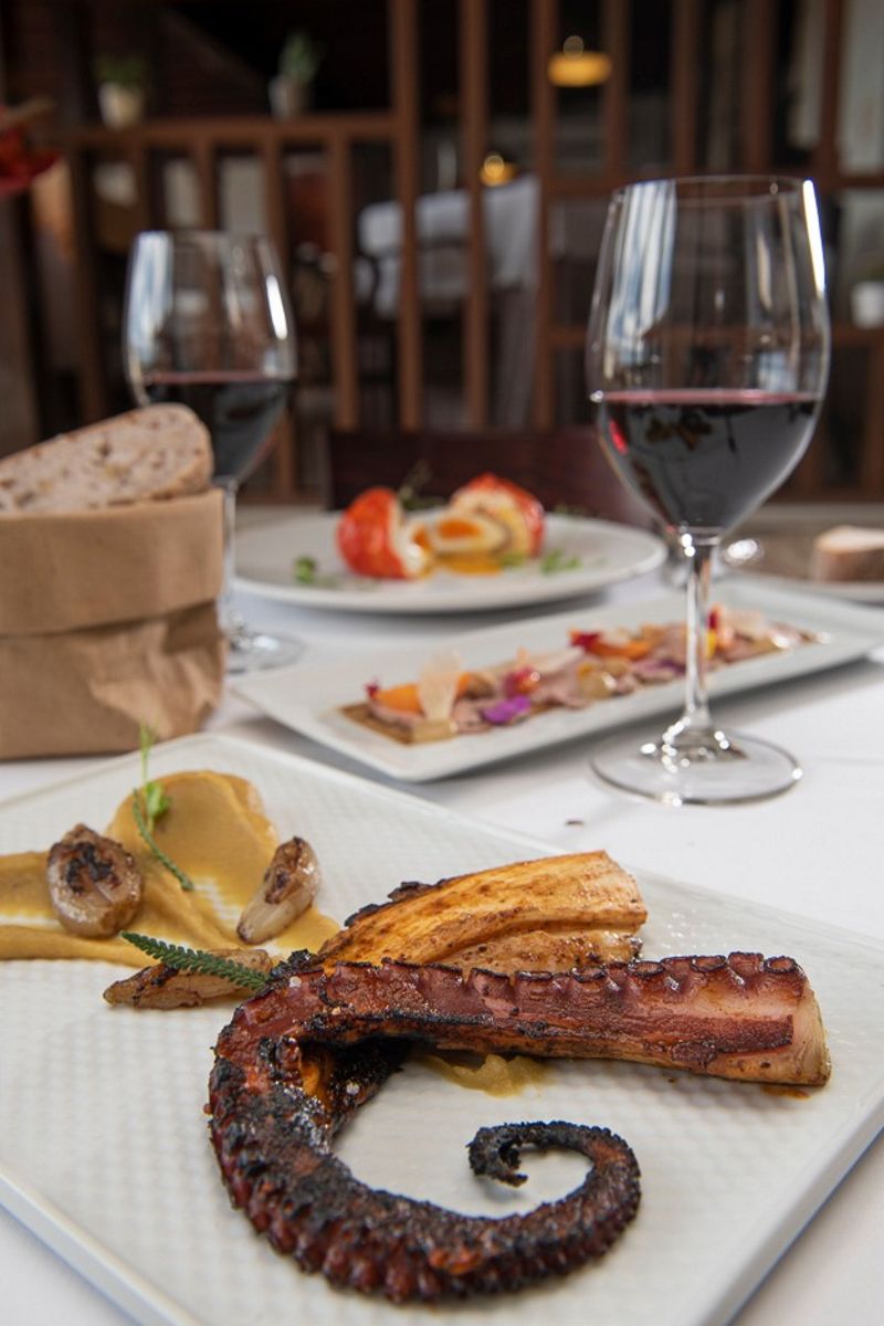 Pulpo asado con puré y champiñones en restaurante de Tenerife.