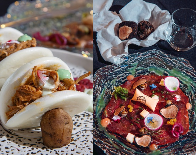 Panecillos bao con relleno de carne y tartar de atún con guarniciones en Tenerife.