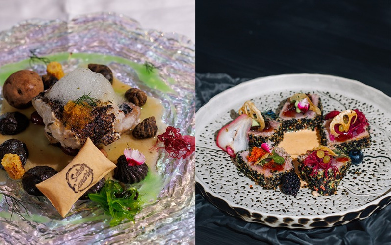 Platos gourmet con pescado y guarniciones en restaurante de Tenerife.