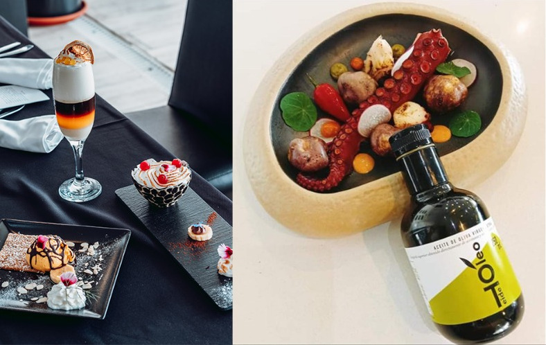 Postre gourmet y botella de aceite junto a pulpo y vegetales en plato en Tenerife.