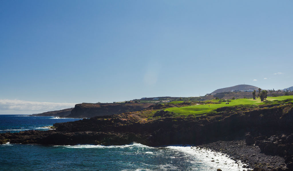 Costa rocosa y campo verde en Tenerife frente al mar bajo un cielo despejado.