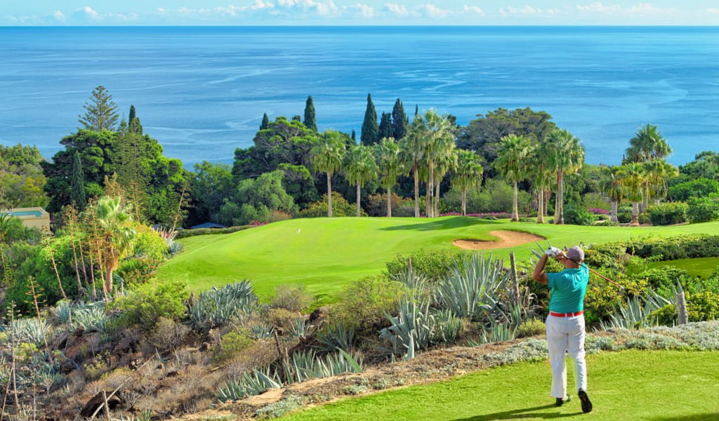 Jugador de golf en campo cerca del mar en Tenerife, rodeado de vegetación y palmeras.
