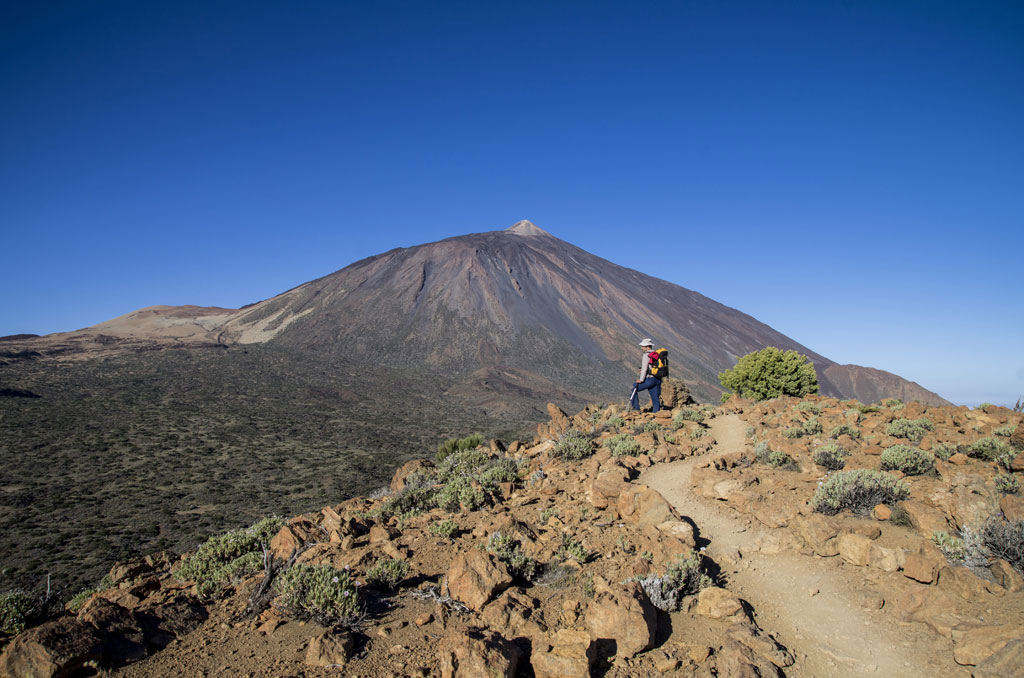 Persona haciendo senderismo cerca del Teide en Tenerife bajo un cielo despejado.