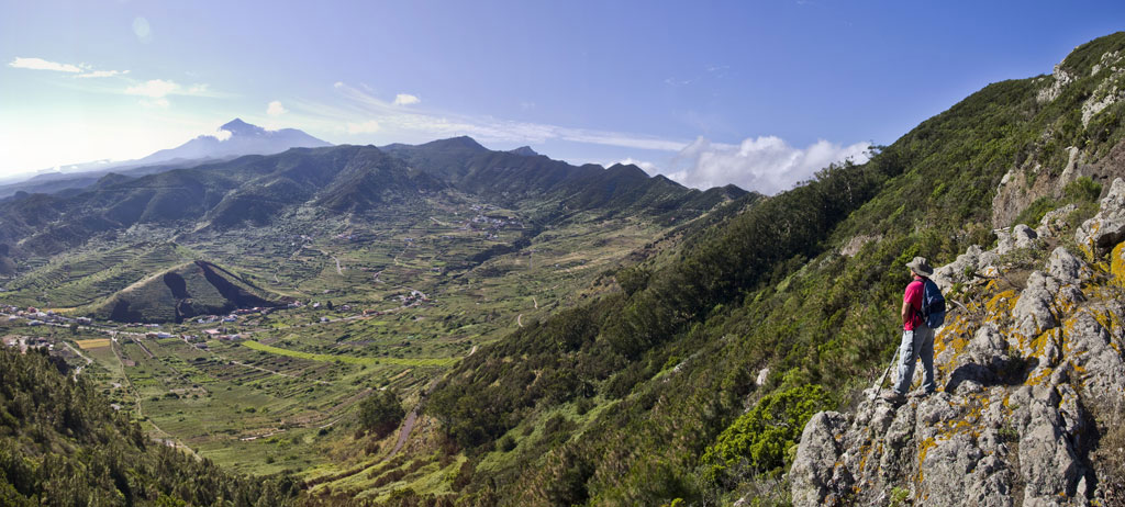 Persona observando un valle montañoso en Tenerife, vista panorámica de montañas y campos verdes.