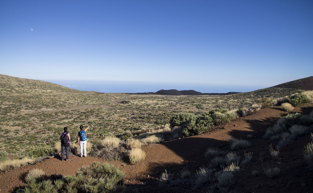 Personas caminando en paisaje del Teide, Tenerife, bajo cielo despejado.