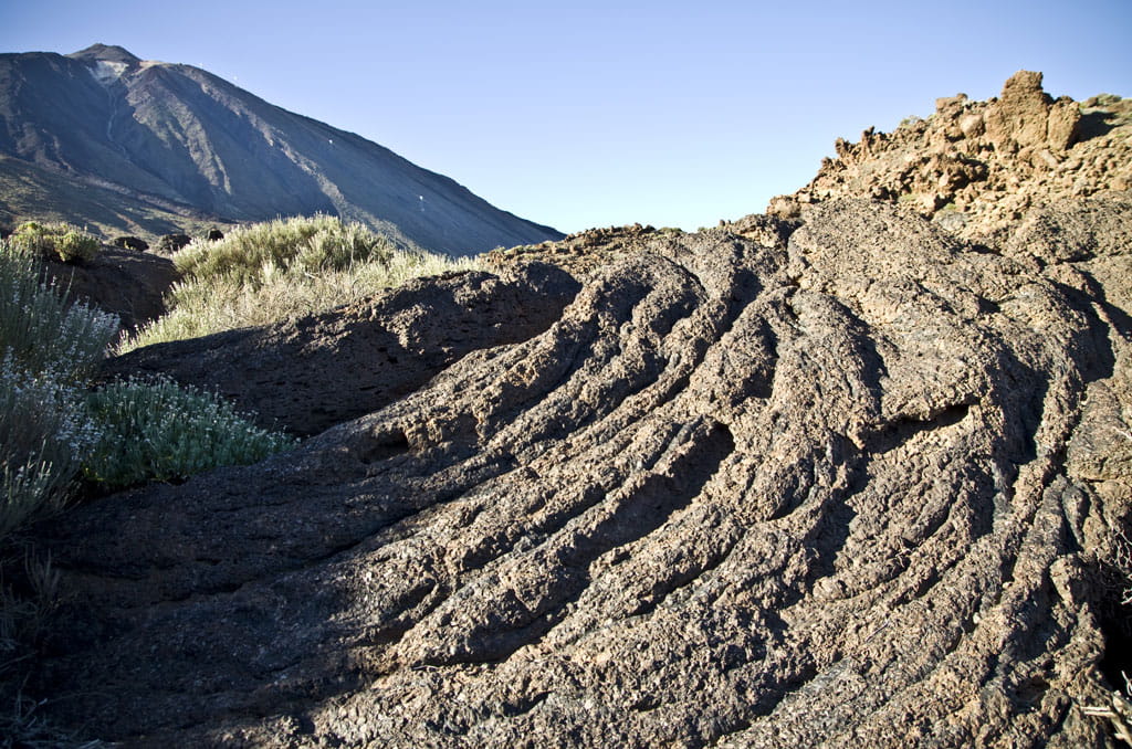 Formación de lava y vegetación en el Parque Nacional del Teide, Tenerife.