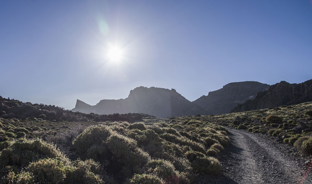 Sendero montañoso en el Parque Nacional del Teide, Tenerife, con el sol en el horizonte.
