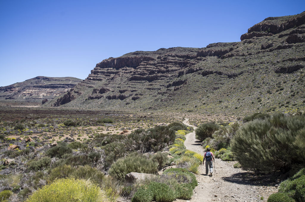 Sendero montañoso en el Parque Nacional del Teide, Tenerife, con una persona caminando.
