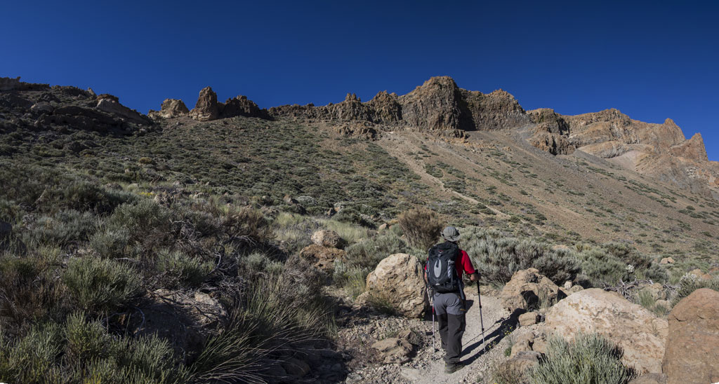 Persona caminando en sendero rocoso hacia montañas en Parque Nacional del Teide, Tenerife.