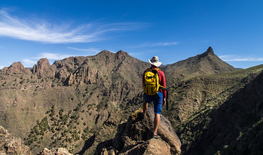 Persona con mochila mirando montañas en Tenerife bajo cielo azul.