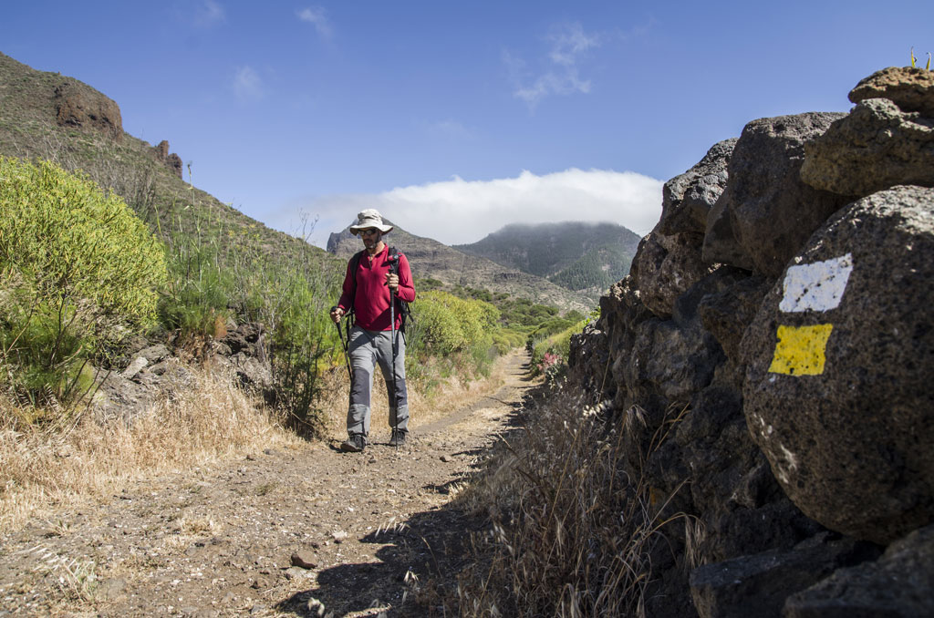 Persona caminando con bastón por sendero en Tenerife, montañas y señales en roca.