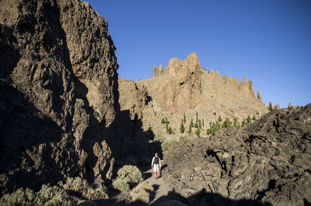 Sendero rocoso en el Parque Nacional del Teide, Tenerife, con montañas al fondo.