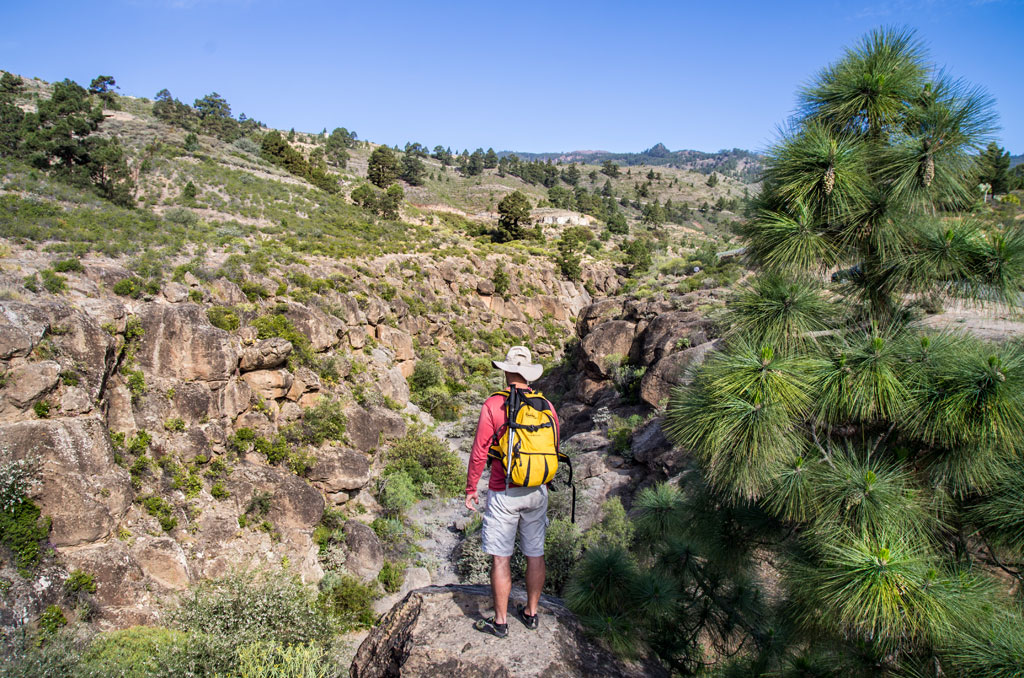 Persona con mochila amarilla observando paisaje montañoso en Tenerife.