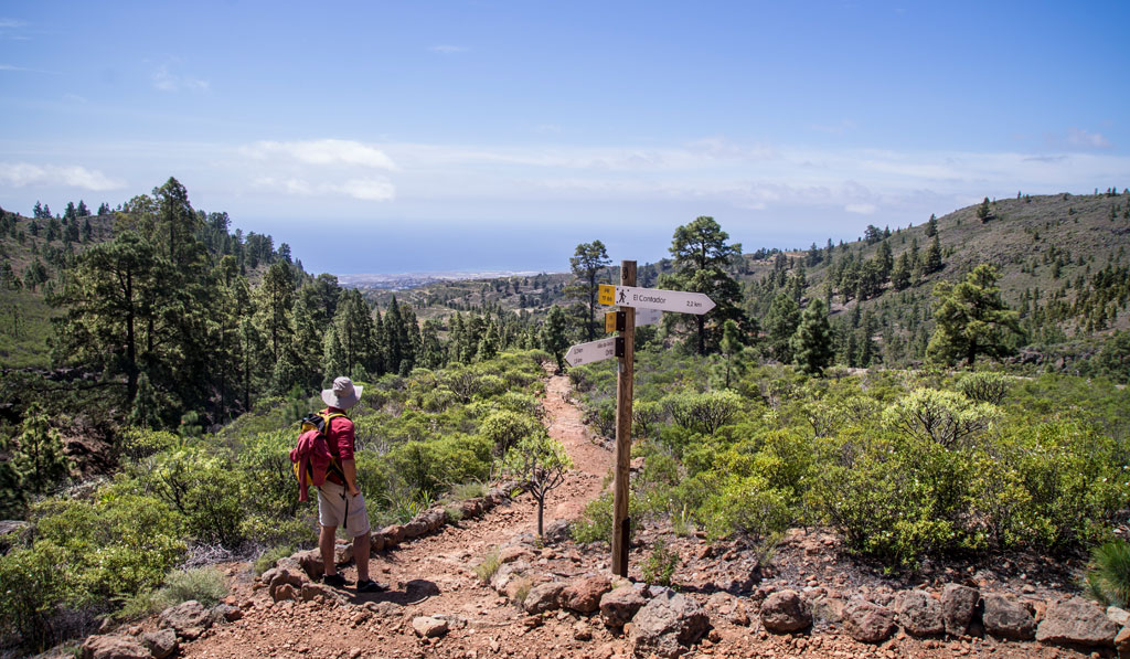 Persona observando señalización en sendero montañoso en Tenerife.