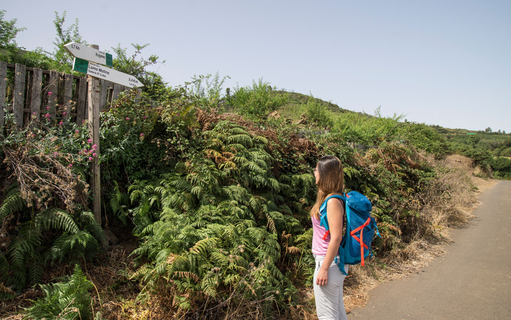 Excursionista con mochila en sendero hacia Lomo Molinos, señal a 3,4 km en Tenerife.