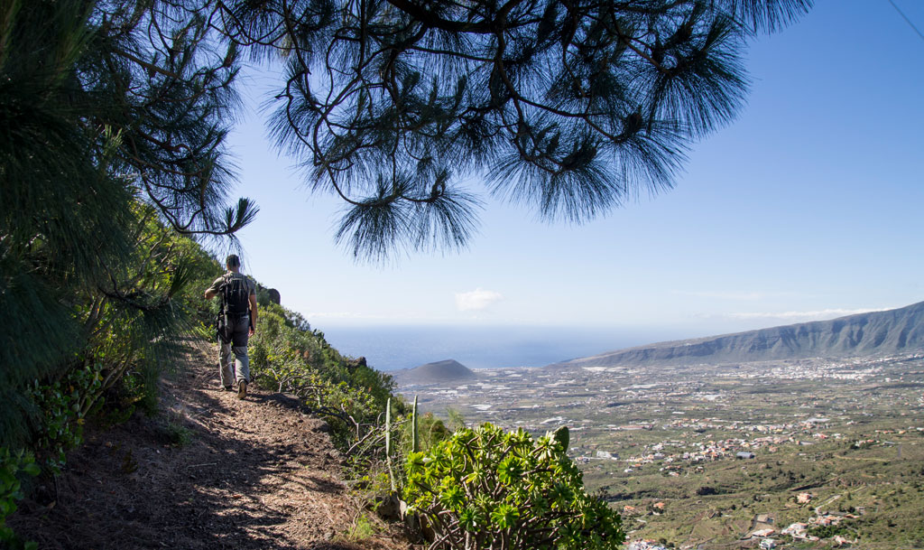 Persona caminando por sendero en Tenerife con vistas al mar y paisaje montañoso.