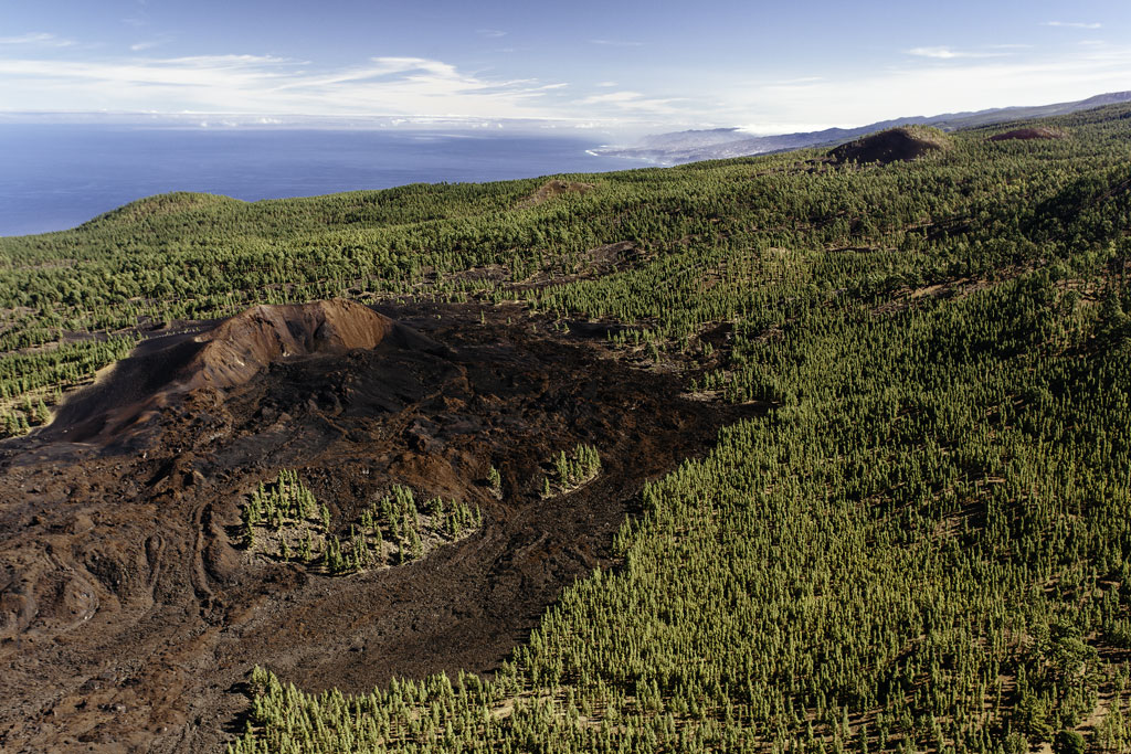 Cráter volcánico rodeado de bosque en La Palma, Tenerife, con el mar al fondo.