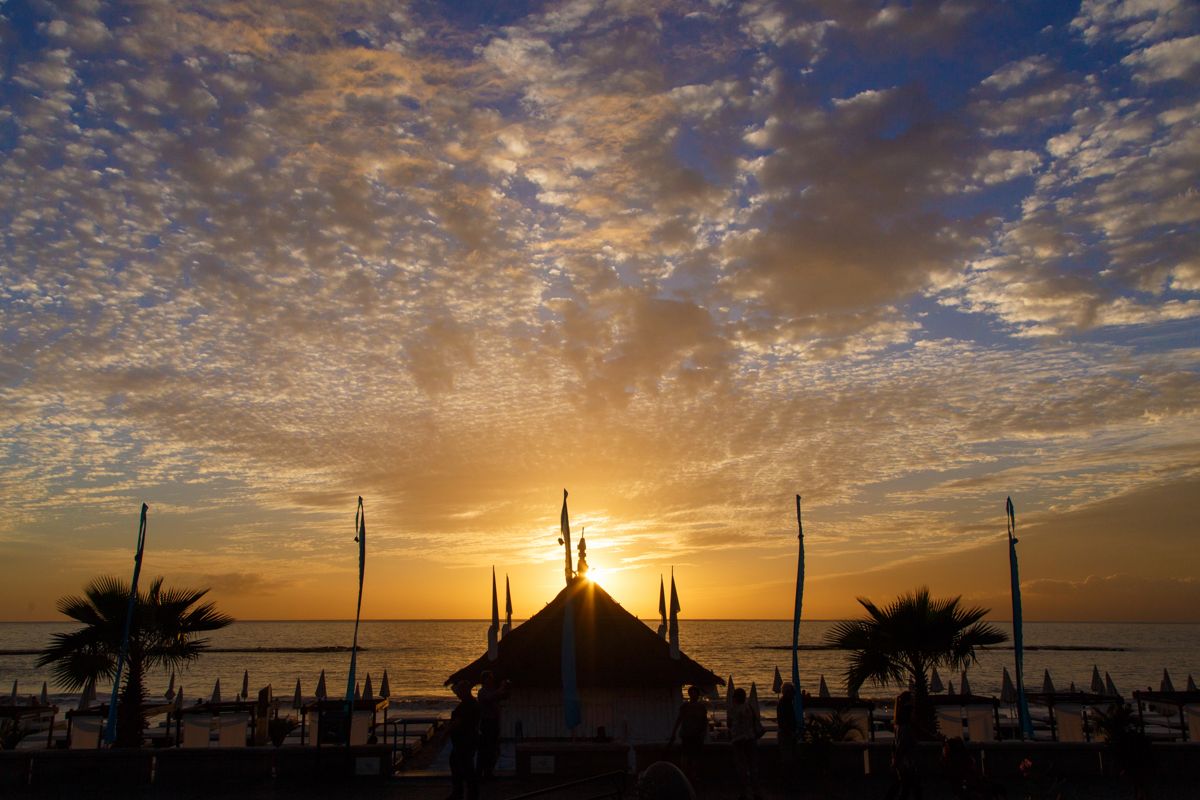 Atardecer en la playa con sombrillas y palmeras en Tenerife.