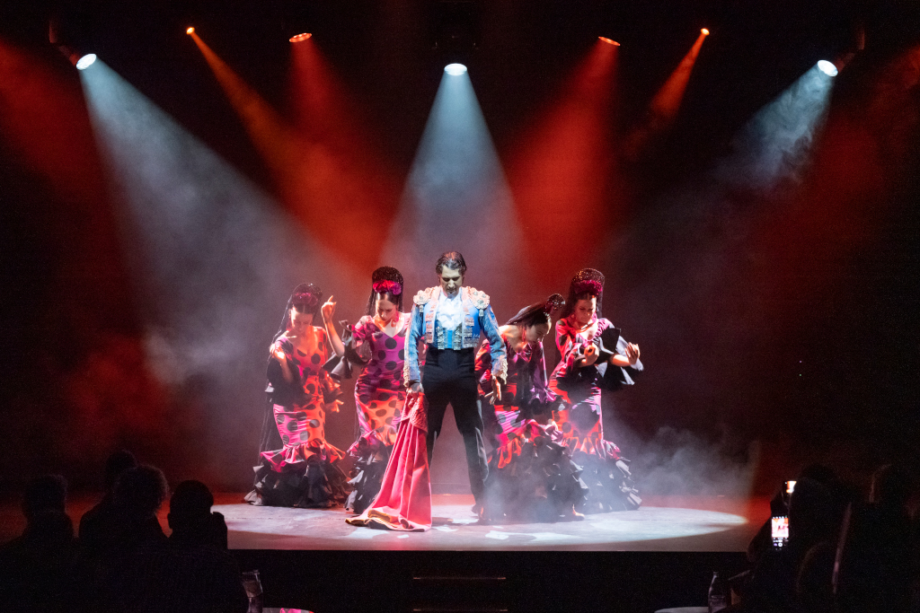 Bailarines de flamenco actuando bajo luces en un escenario en Tenerife.