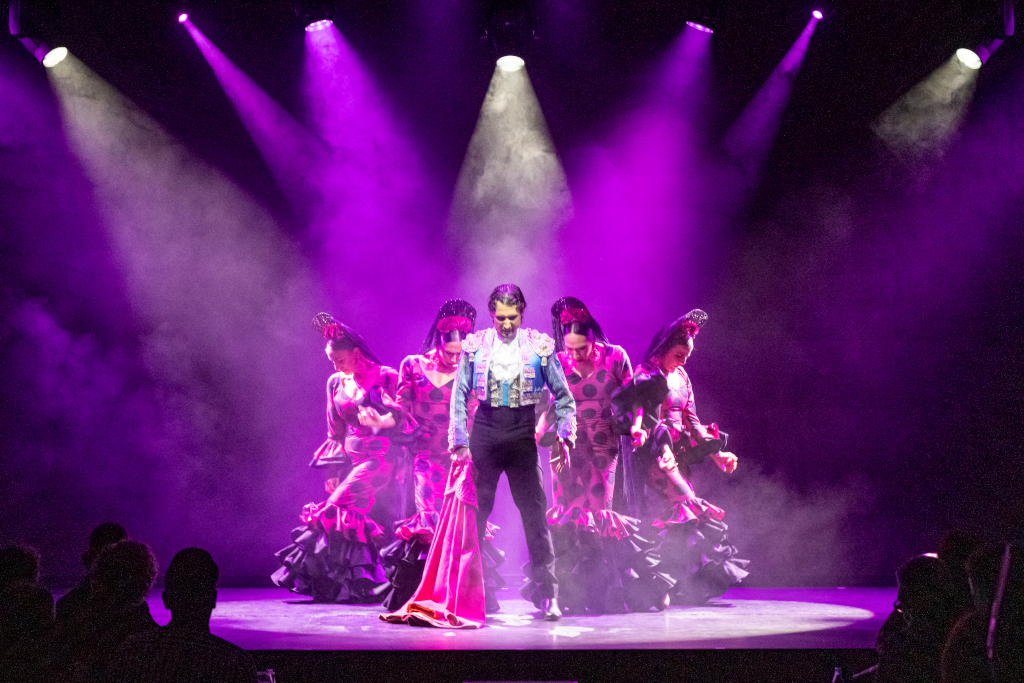 Grupo de bailarines de flamenco en escenario iluminado de Tenerife.