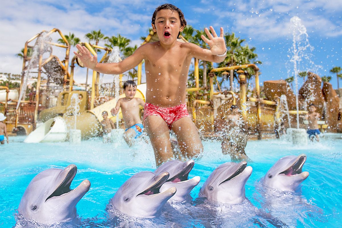 Niños jugando con delfines en una piscina en Tenerife.