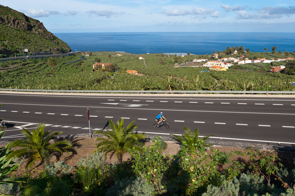 Ciclista en carretera cercana a plantaciones y casas en Tenerife.