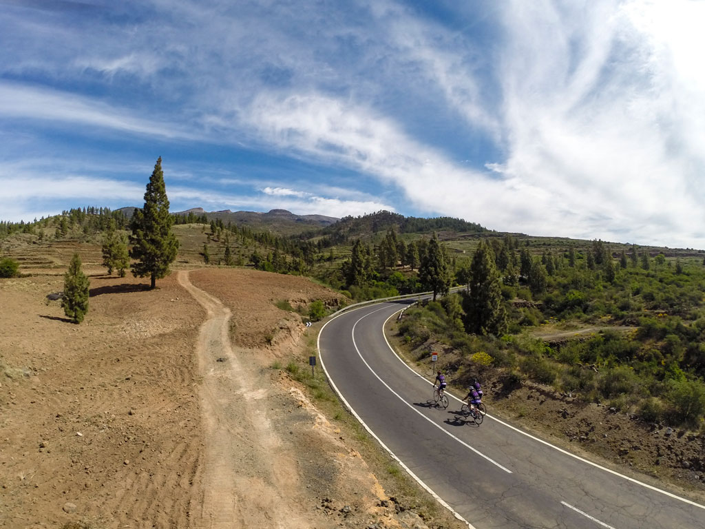 Ciclistas en una carretera rodeada de montañas y árboles en Tenerife.